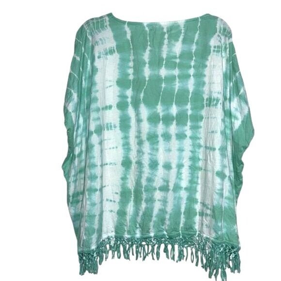 Chaps Denim Tie-Dye Fringe Tunic Top M Green & White - Picture 5 of 7